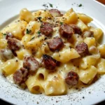 Pasta con crema di patate e salsiccia, un piatto gustoso e cremoso.