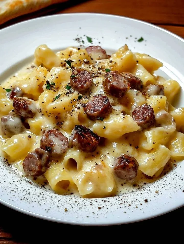 Pasta con crema di patate e salsiccia, un piatto gustoso e cremoso.