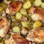 Pollo in umido con patate e piselli in un piatto colorato e delizioso.