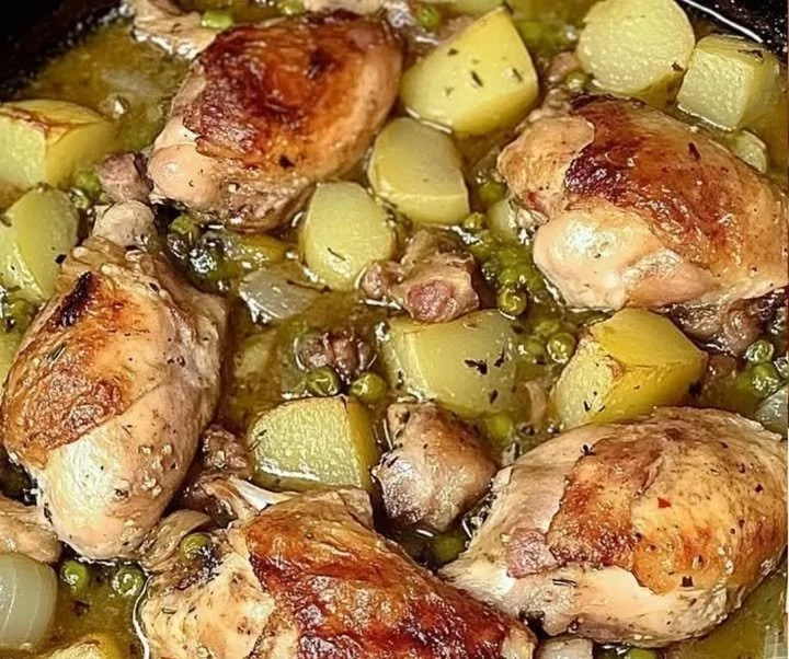 Pollo in umido con patate e piselli in un piatto colorato e delizioso.