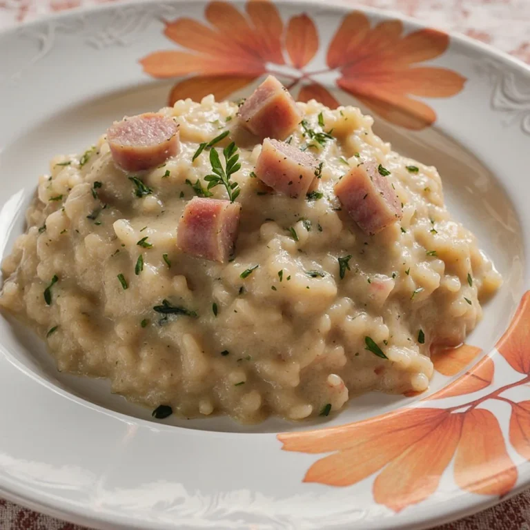 Piatto di risotto con crema di zucchine e salsiccia
