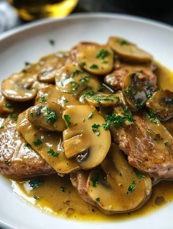 Scaloppine da sogno con salsa ai funghi e zafferano su un piatto elegante.