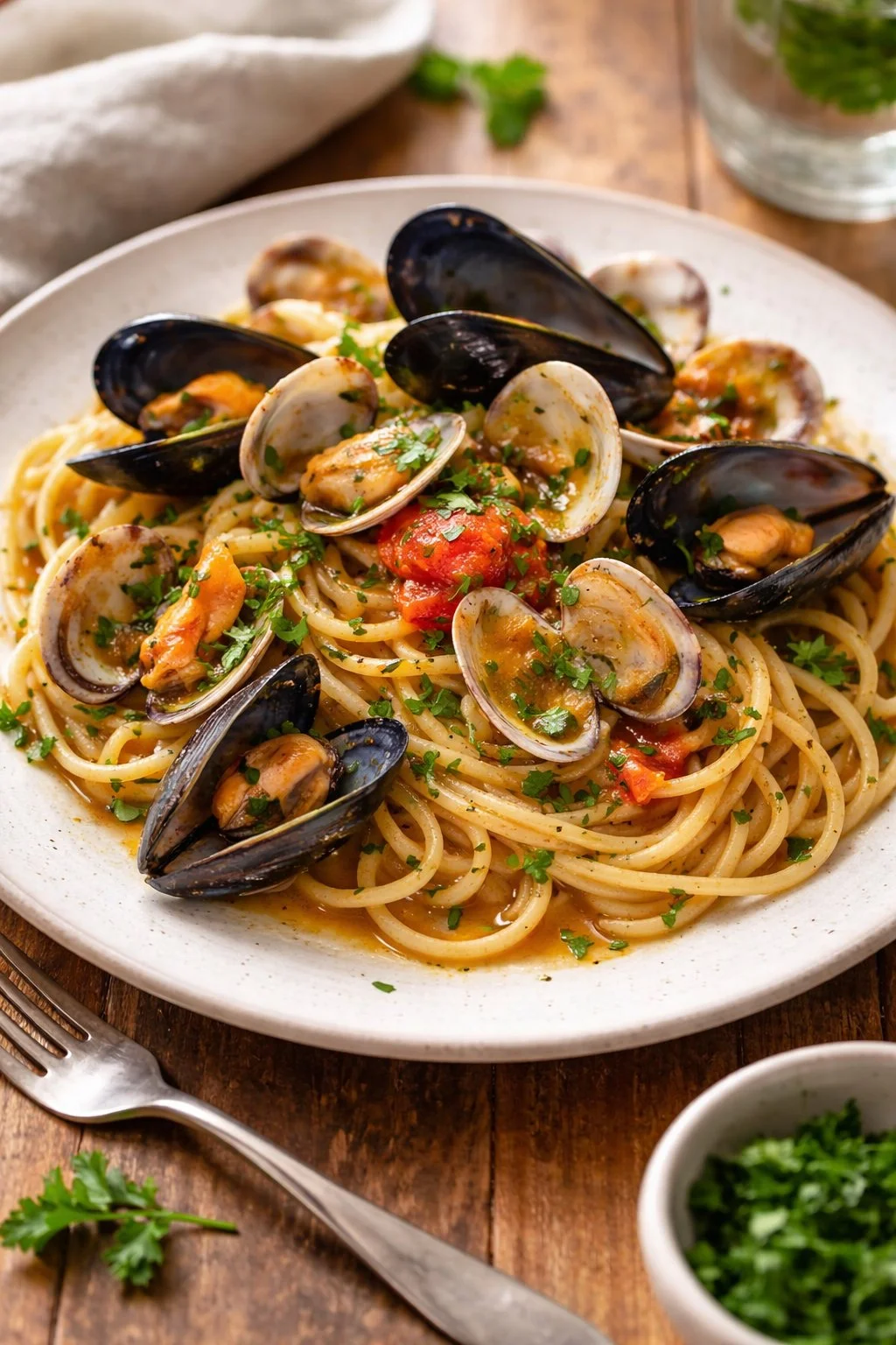 Piatto di spaghetti con cozze e vongole servito su un tavolo