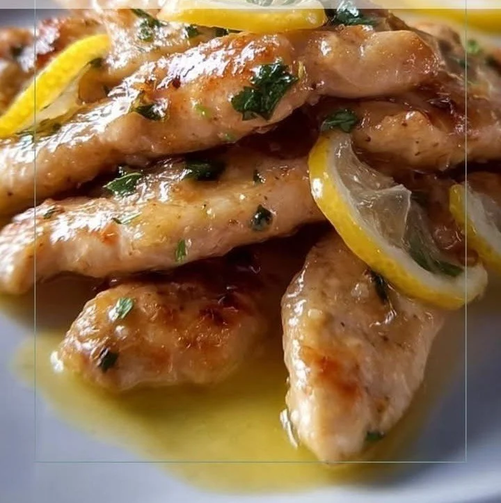 Straccetti di petto di pollo al limone serviti su un piatto bianco.