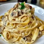 Tagliatelle con crema di parmigiano e funghi porcini in un piatto gourmet