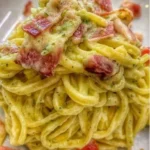 Tagliolini con crema di zucchine, bacon e Philadelphia in un piatto appetitoso