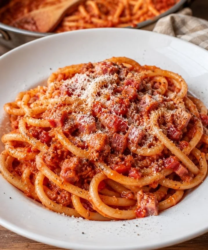 Piatto di bucatini alla marchigiana servito con salsa ricca e saporita.