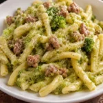 Casarecce con patate, broccoli e salsicce in un piatto colorato