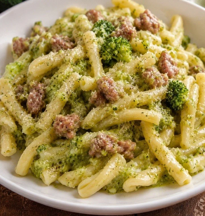 Casarecce with potatoes, broccoli, and sausages