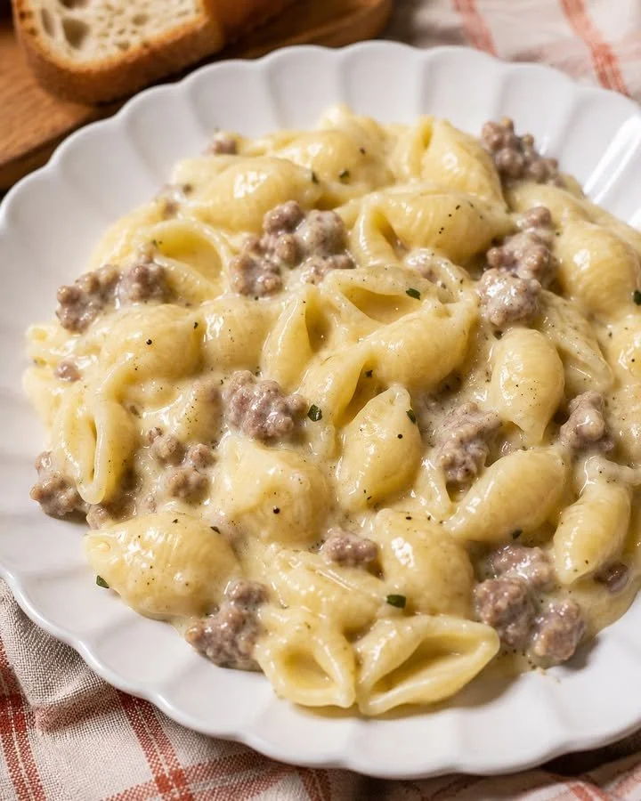 Piatto di conchiglie con crema di patate e salsiccia