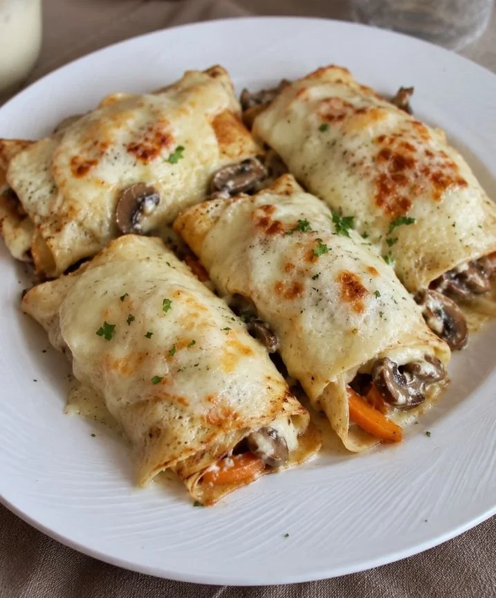 Fagottini di crêpes ai funghi, un delizioso piatto italiano.