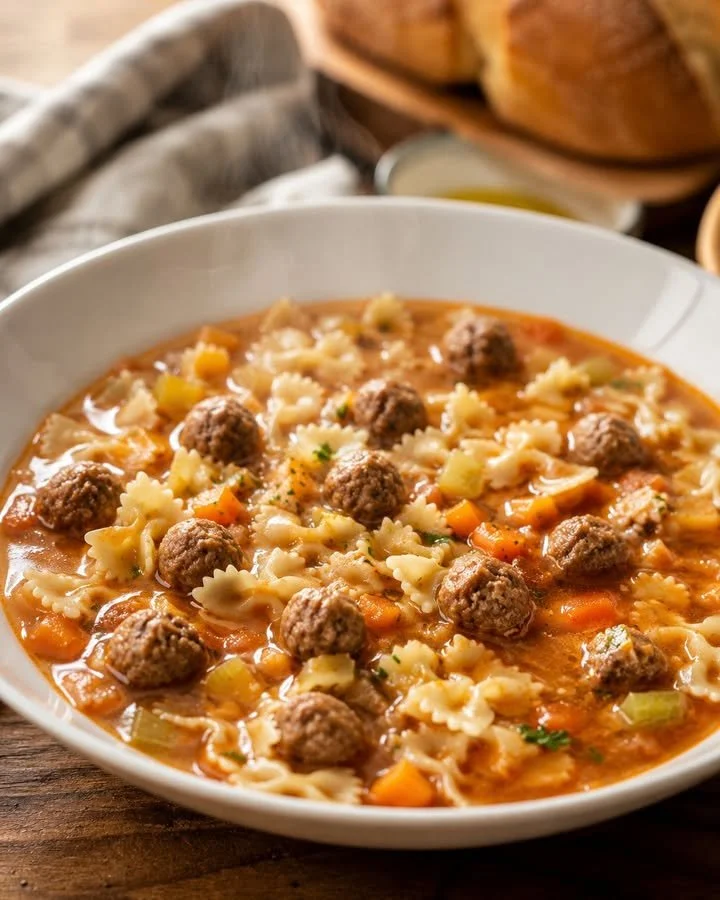 Farfallette con brodo di carne e polpettine, un piatto gustoso e tradizionale.
