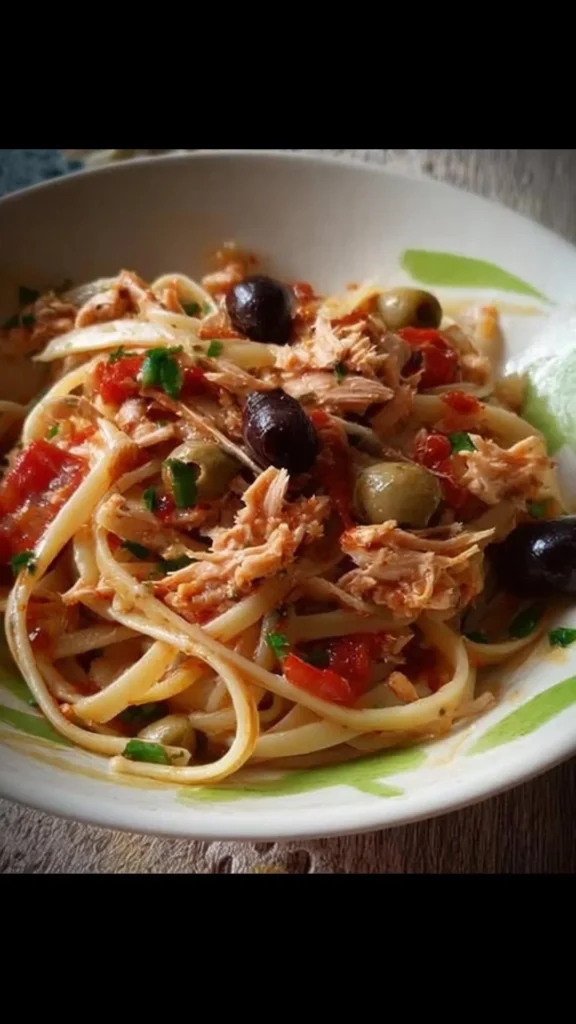Piatto di linguine al tonno con olive, capperi e acciughe
