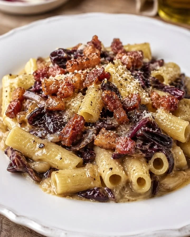 Piatto di maccheroni alla carbonara di radicchio con guanciale e formaggio