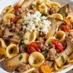 Orecchiette con Salsiccia, Funghi Cardoncelli e Pomodorini in un piatto gourmet.