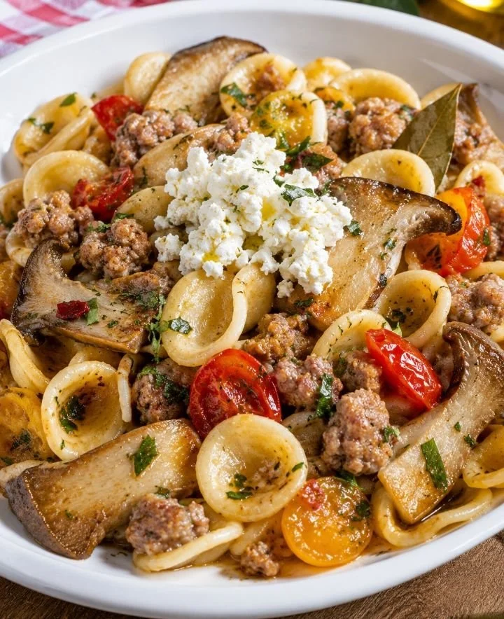 Orecchiette con Salsiccia, Funghi Cardoncelli e Pomodorini in un piatto gourmet.