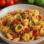 Orecchiette salsiccia alla pugliese con pomodorini infornati