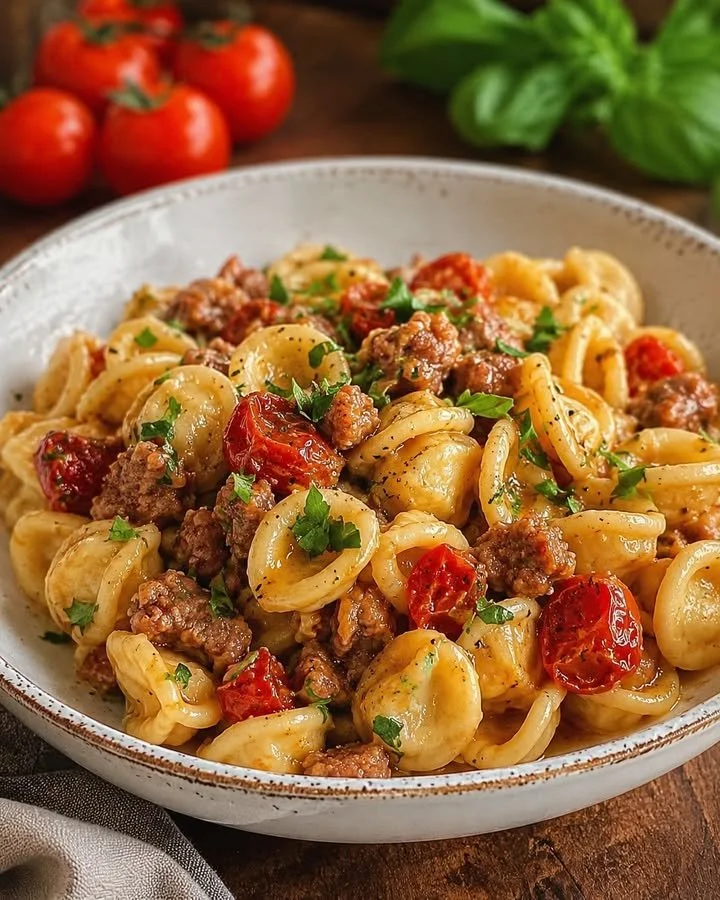 Orecchiette salsiccia alla pugliese con pomodorini infornati