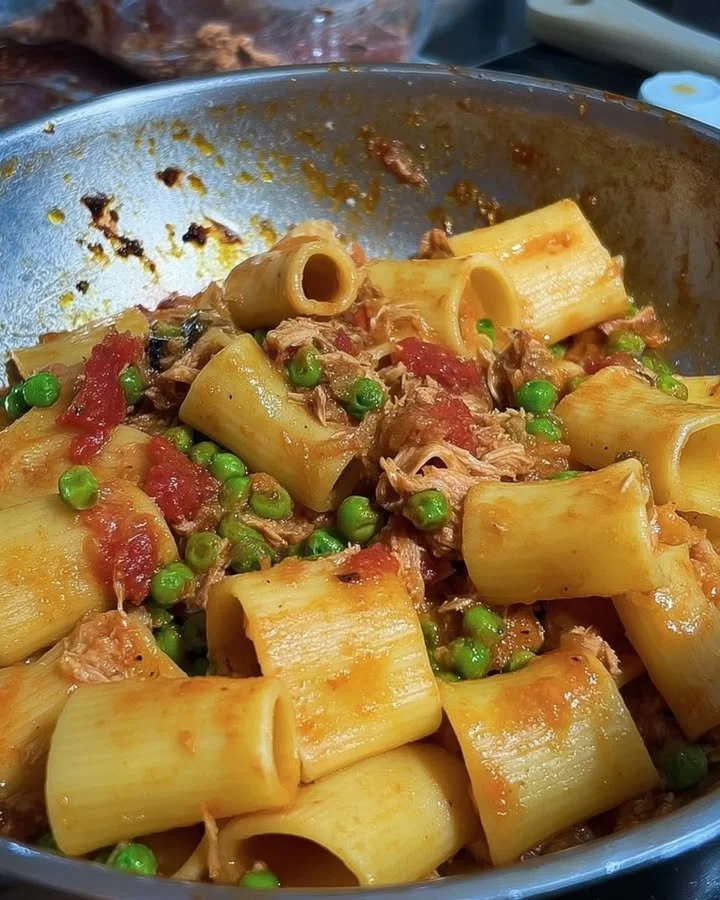 Paccheri con tonno e piselli serviti in un piatto gustoso