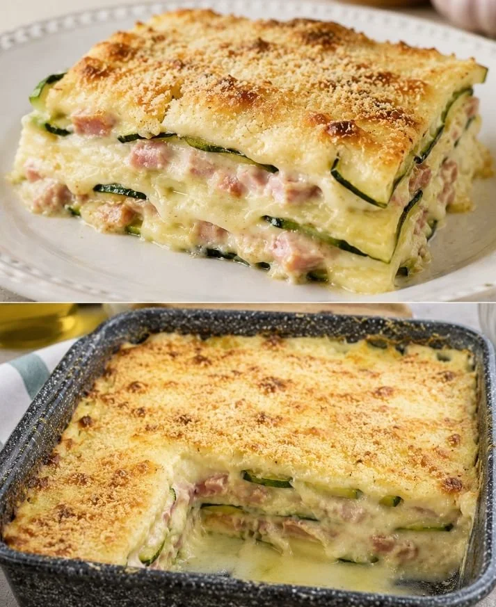Parmigiana bianca di zucchine preparata con ingredienti freschi e leggeri