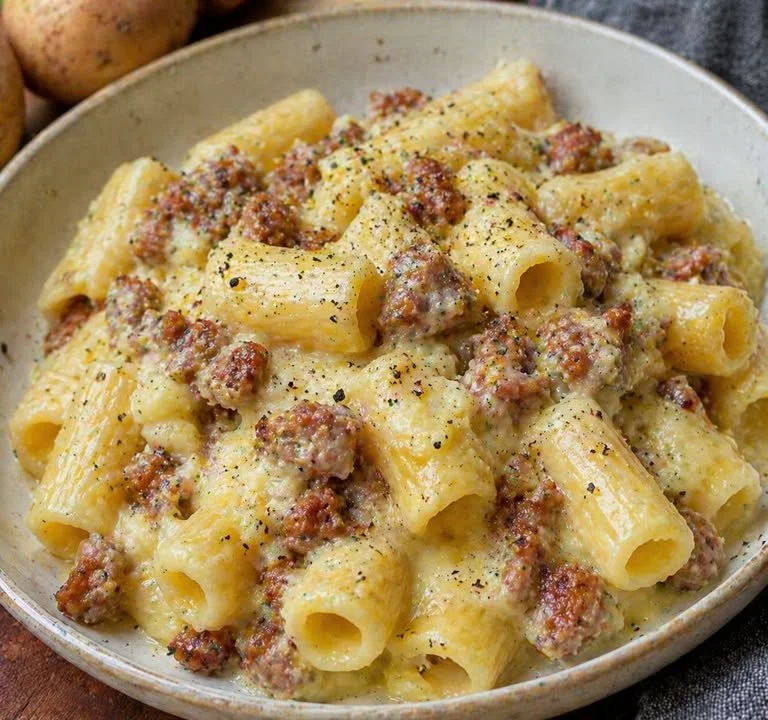 Pasta con crema di patate e salsiccia cremosa, pronta in 25 minuti.