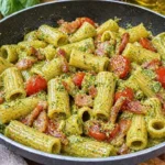 Pasta con pancetta, pomodorini e crema di basilico pronta da servire