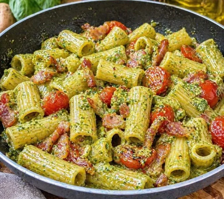 Pasta con pancetta, pomodorini e crema di basilico pronta da servire