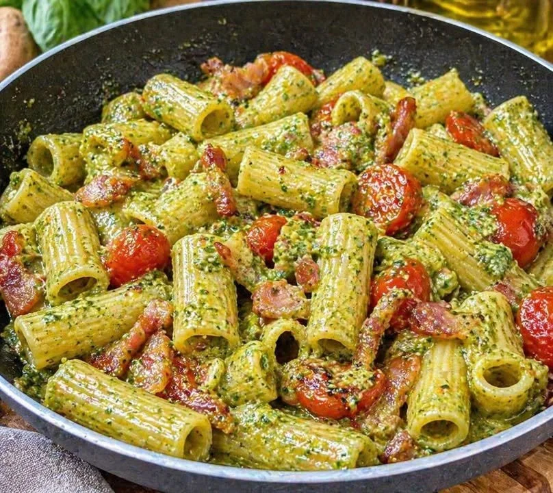 Pasta con pancetta, pomodorini e crema di basilico