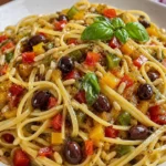 Pasta con peperoni e olive servita su un piatto decorativo