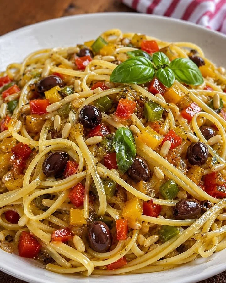 Pasta con peperoni e olive servita su un piatto decorativo