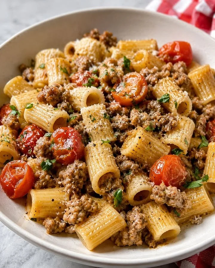Pasta con Salsiccia sbriciolata e Pomodorini freschi
