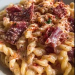 Pasta con stracchino, bresaola e pesto di pomodori secchi servita in un piatto.