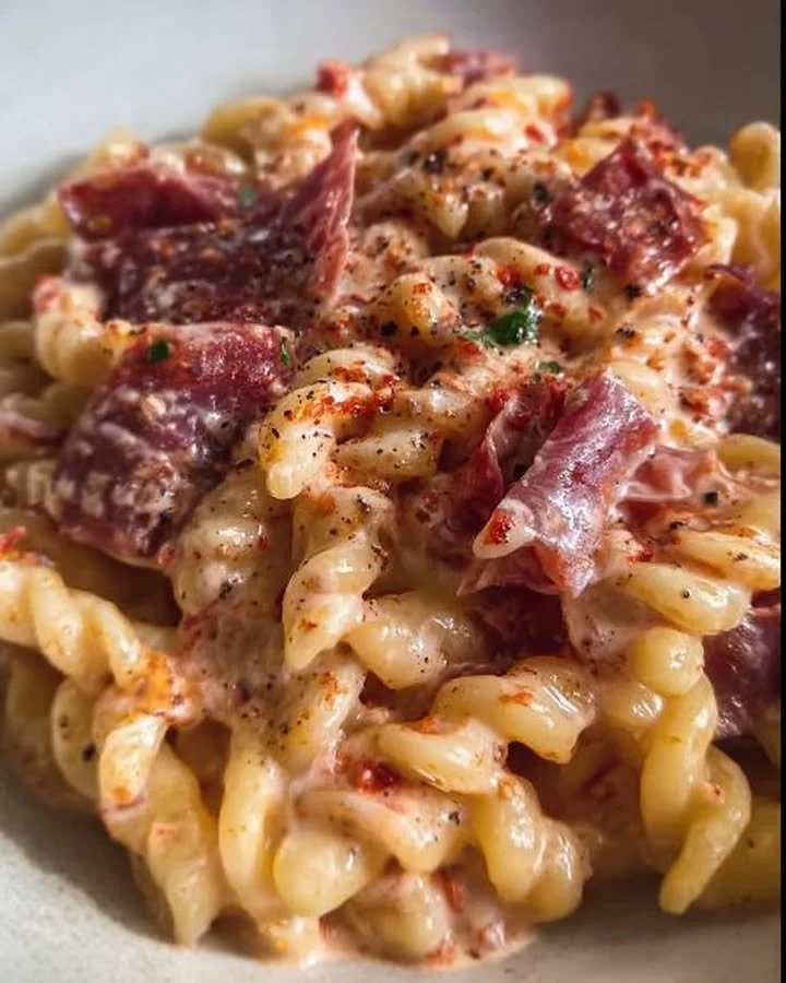 Pasta con stracchino, bresaola e pesto di pomodori secchi servita in un piatto.