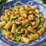 Pasta con Zucchine e Gamberetti servita in un piatto elegante