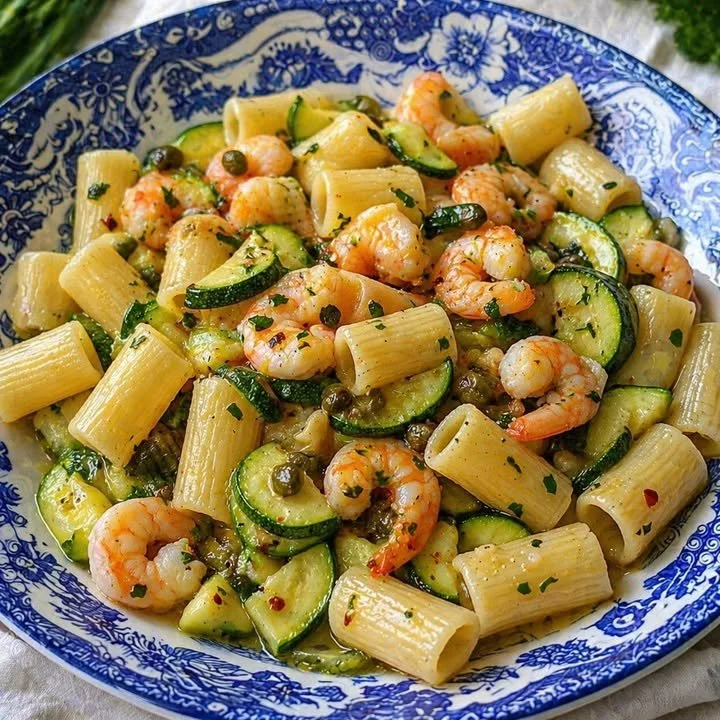 Pasta con Zucchine e Gamberetti servita in un piatto elegante