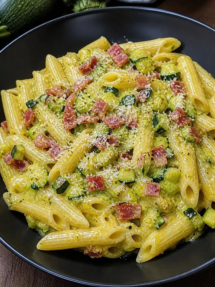 Pasta con Zucchine e Prosciutto servita in un piatto elegante
