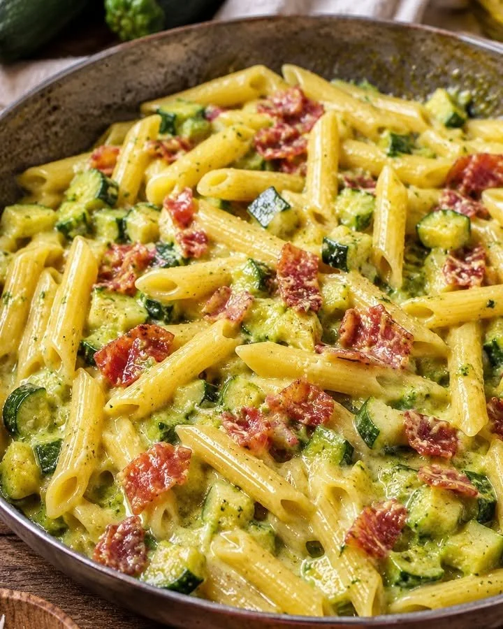 Pasta con Zucchine e Prosciutto servita in un piatto