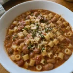 Pasta e fagioli in una ciotola con erbe fresche e parmigiano