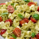 Pasta fredda con mozzarella, pomodorini e pesto servita in un piatto