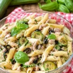 Pasta fredda con zucchine, tonno e olive servita in un piatto