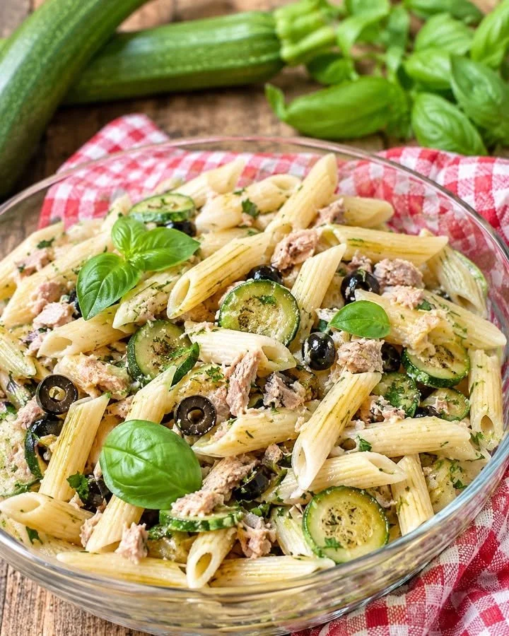 Pasta fredda con zucchine, tonno e olive servita in un piatto