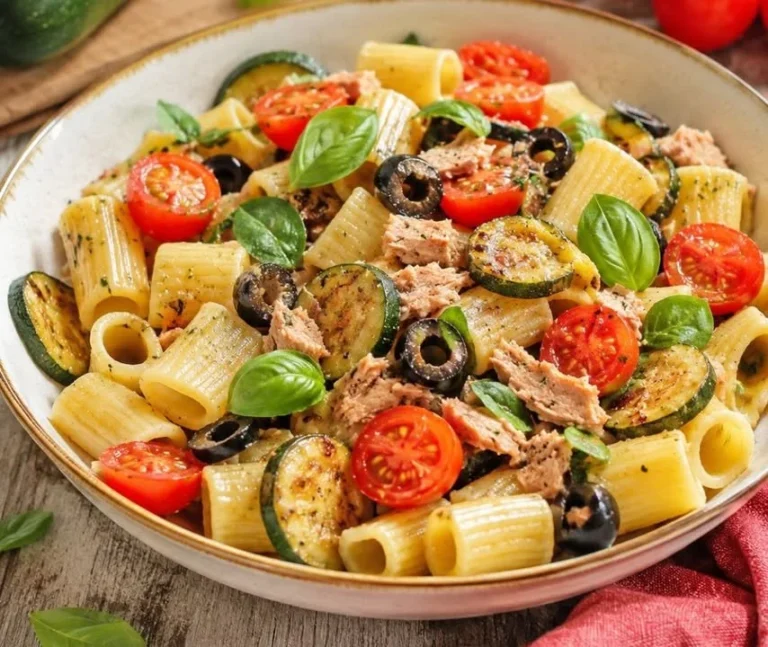 Pasta fredda con zucchine, tonno e pomodorini servita in un piatto colorato