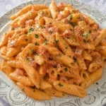 Penne alla Crema con Prosciutto servite in un piatto elegante