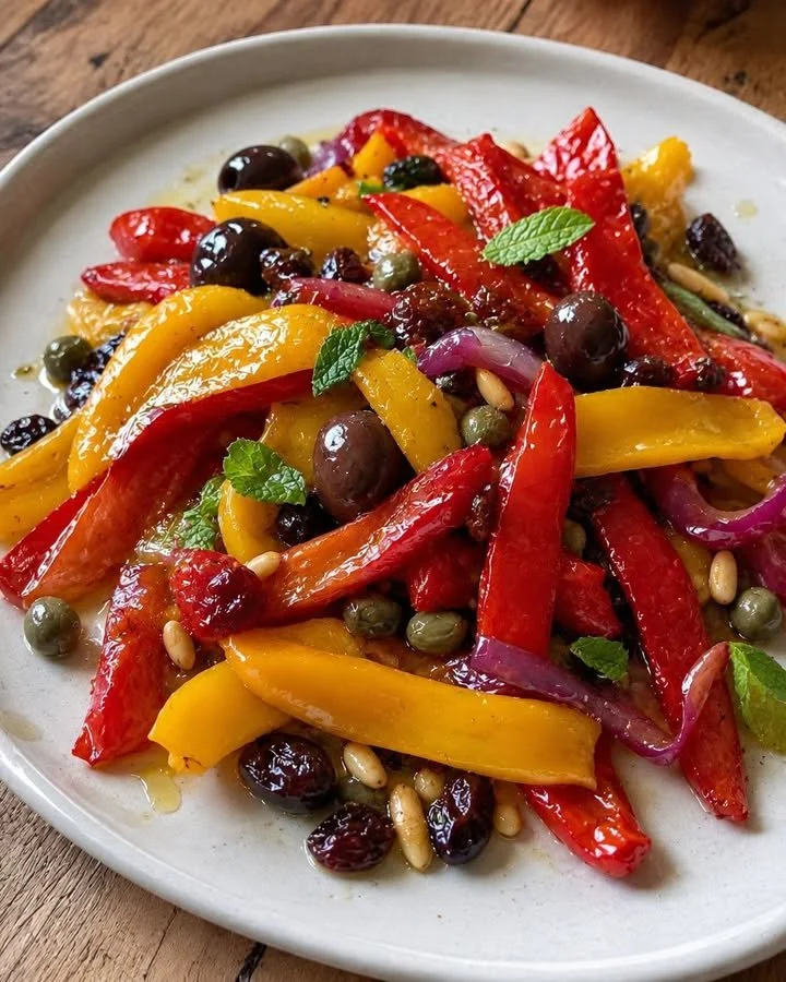Peperoni in agrodolce alla siciliana serviti su un piatto colorato