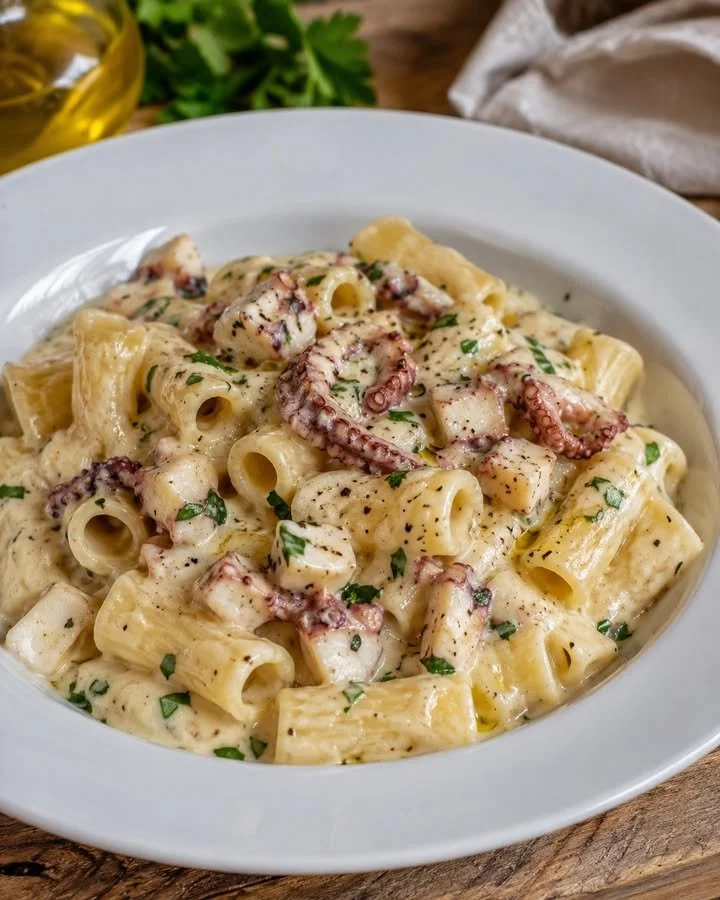 Piatto di rigatoni con polpo e crema di patate cremosa