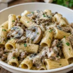 Piatto di Rigatoni Funghi e Salsiccia, pasta con funghi freschi e salsiccia italiana.