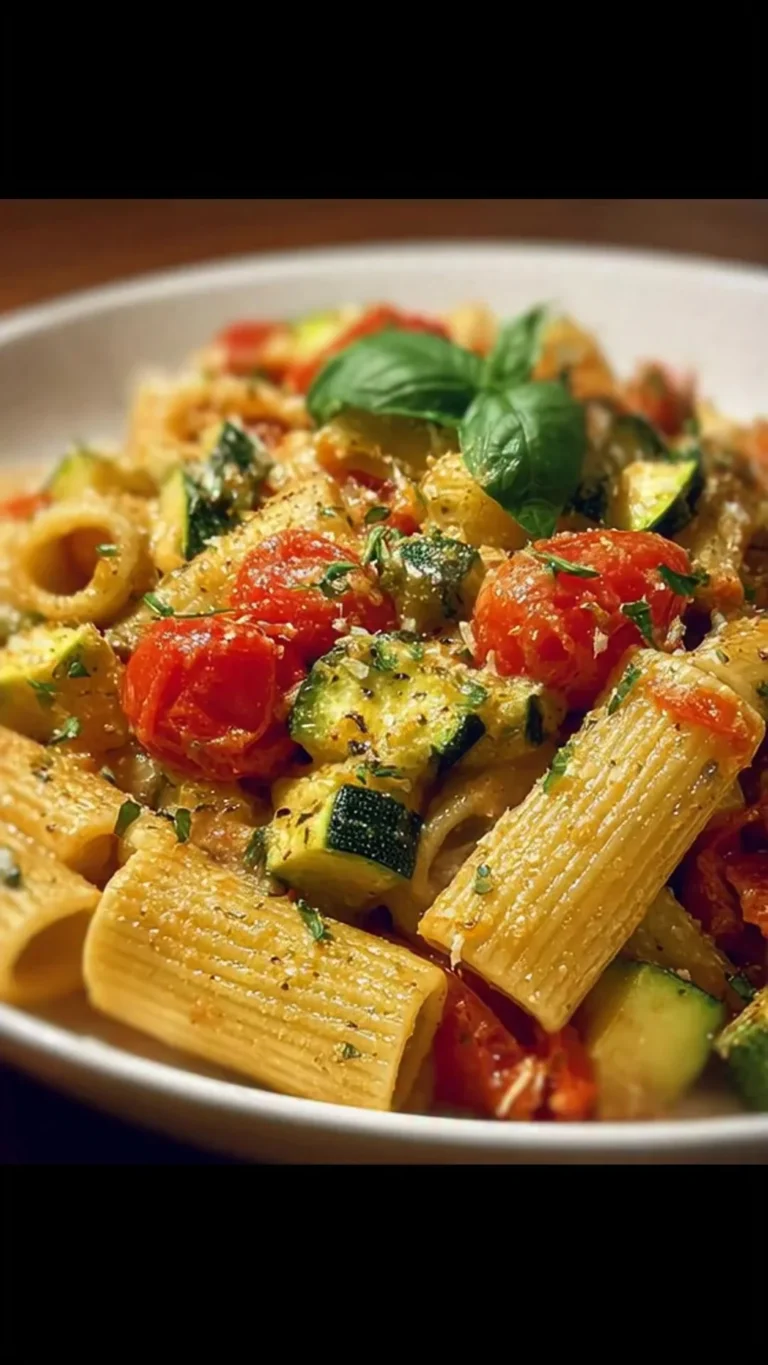 Piatto di rigatoni con zucchine e pomodorini cremosi