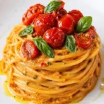 Spaghetti con datterini, burratina e basilico fresco serviti in un piatto.