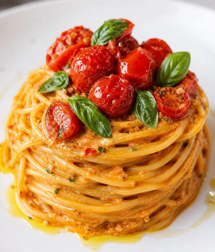 Spaghetti con datterini, burratina e basilico fresco serviti in un piatto.