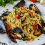 Piatto di spaghetti con le cozze pronti per essere gustati.